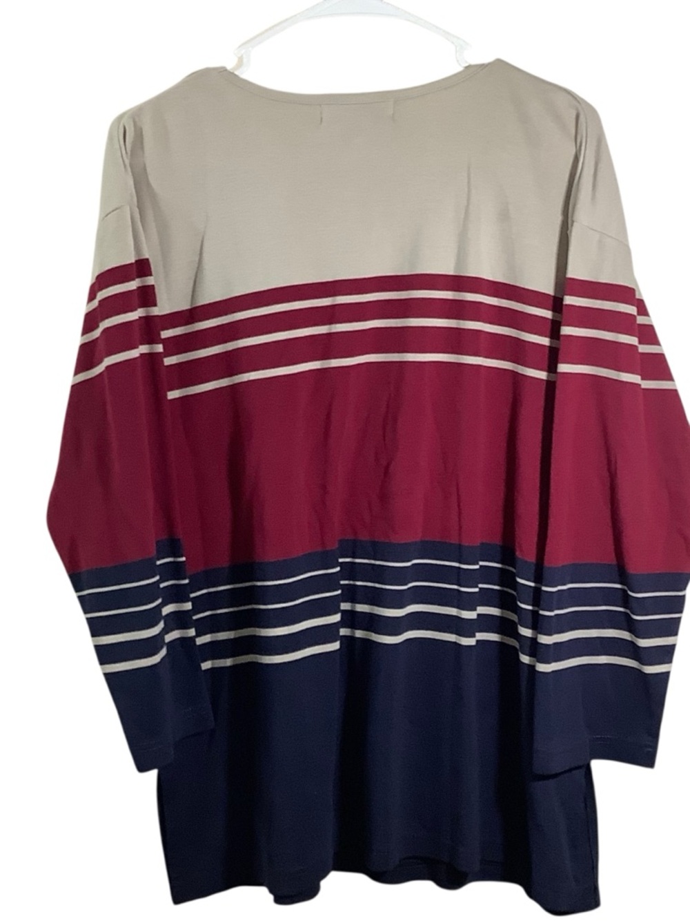 Dress Barn Woman Cream, Burgundy & Navy Colorblock Striped Long Sleeve Top - Picture 3 of 5